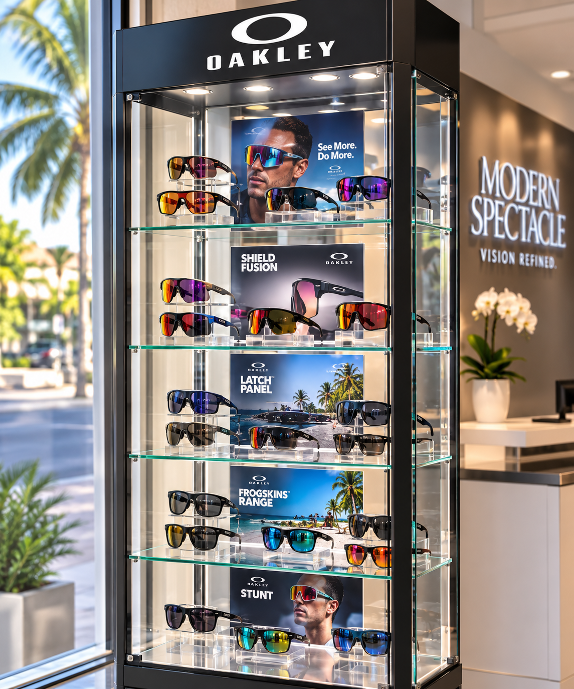 Oakley sunglass display tower inside Modern Spectacle in Lake Worth Beach