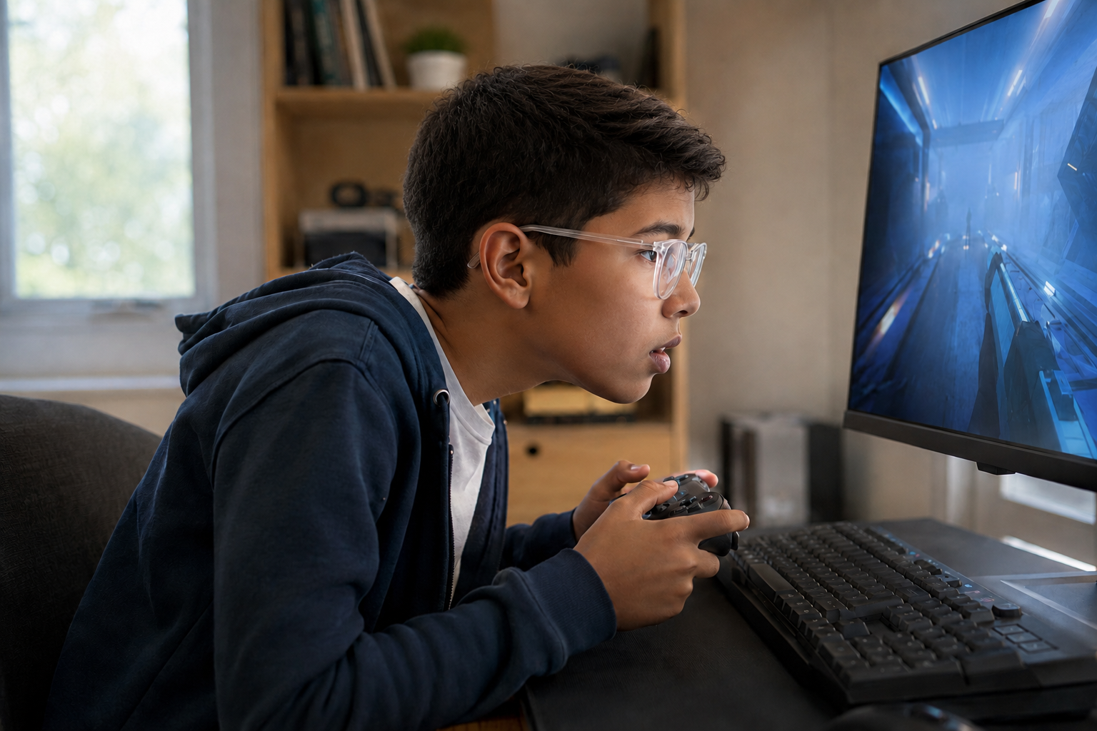 Boy wearing clear-framed eyeglasses while playing a video game at a computer