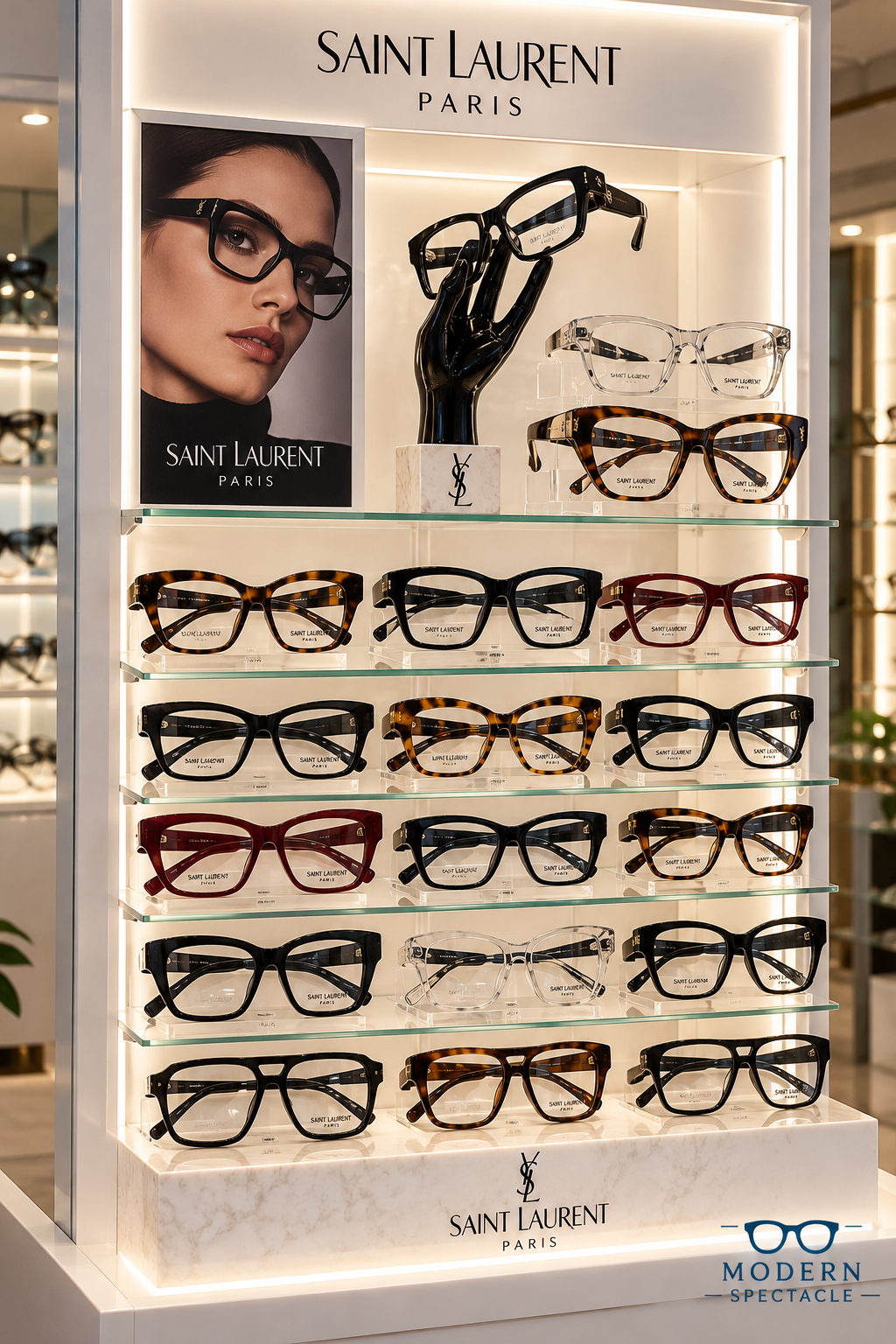Saint Laurent Paris eyewear collection display inside Modern Spectacle
