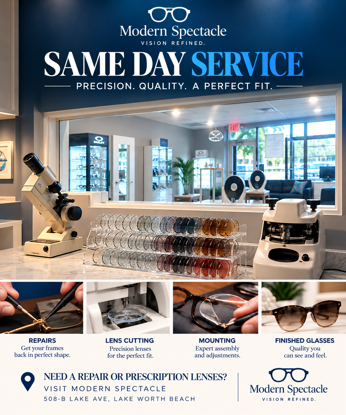 Modern Spectacle Same Day Service advertisement showing the boutique's on-site lab, with repairs, lens cutting, mounting and finished glasses services at 508-B Lake Ave, Lake Worth Beach