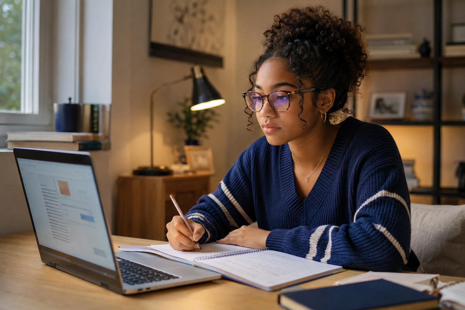 Teen girl wearing eyeglasses while writing in a notebook beside a laptop