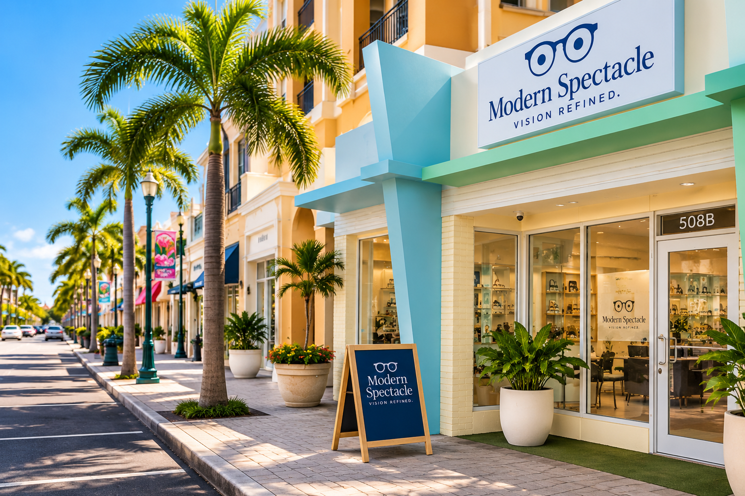 Modern Spectacle storefront on Lake Avenue in Lake Worth Beach, with the boutique entrance, the 508B address above the door and palm trees along the street.
