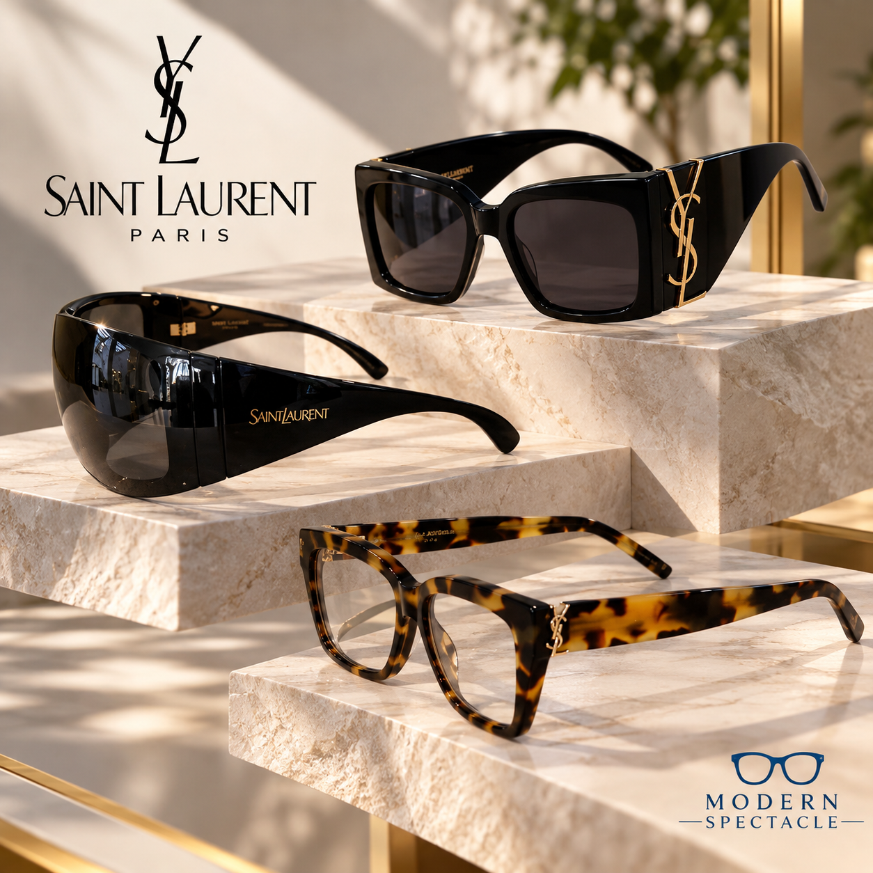 Three pairs of Saint Laurent eyewear displayed on tiered marble blocks in the Modern Spectacle boutique, with the Saint Laurent Paris monogram and the Modern Spectacle mark
