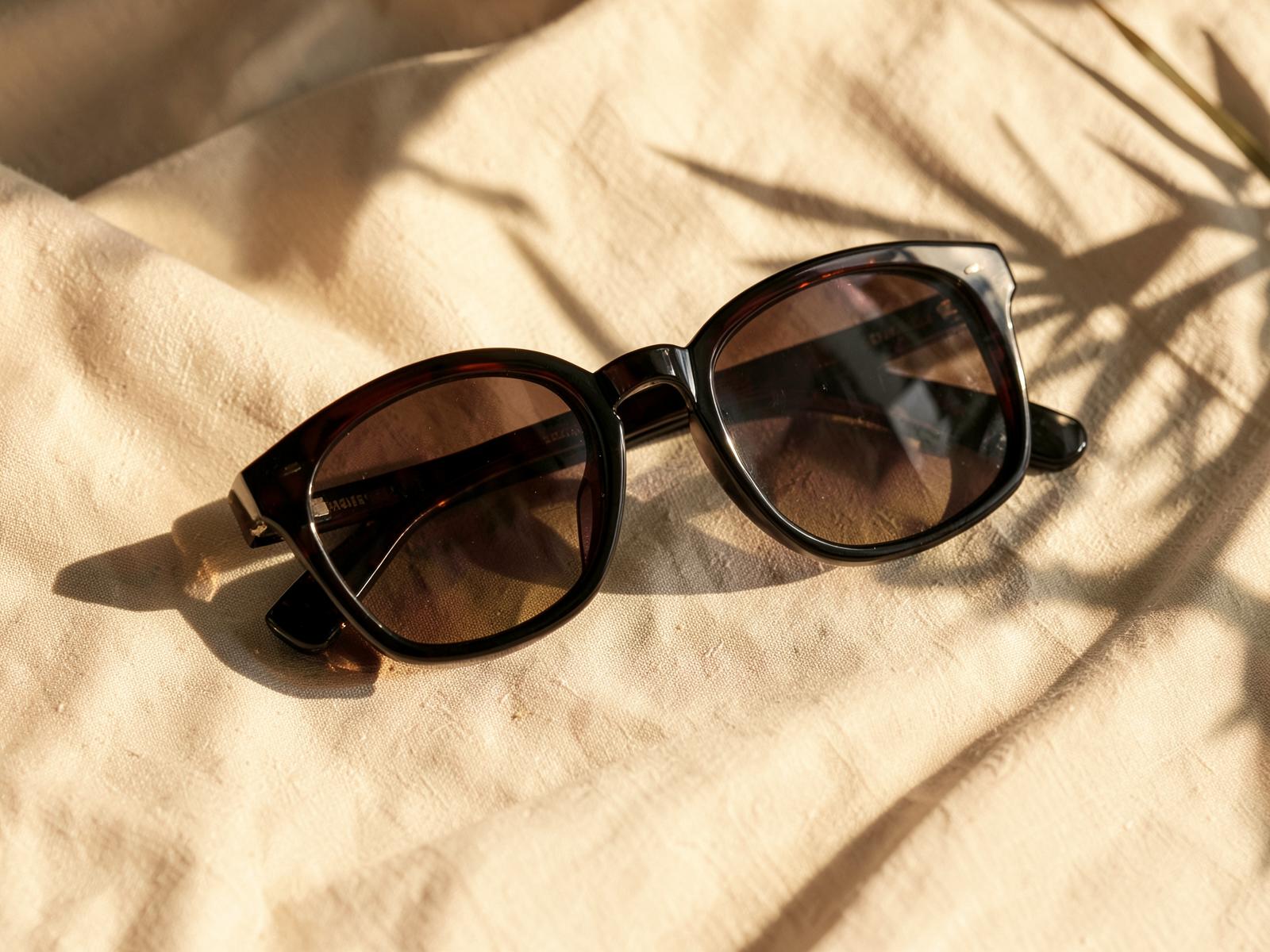 Dark acetate sunglasses resting on ivory linen with soft palm leaf shadows