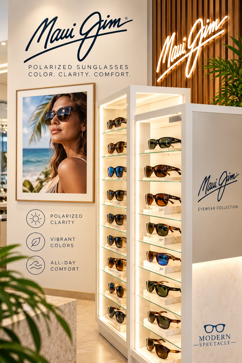Maui Jim polarized sunglasses collection display inside Modern Spectacle