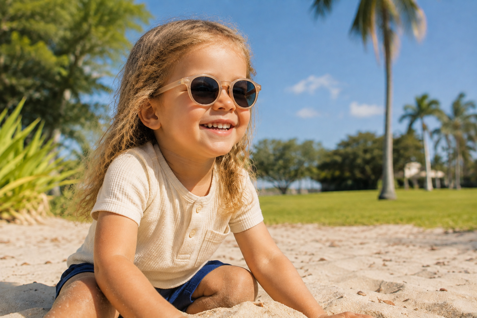 Young child wearing round sunglasses while sitting in the sand outdoors