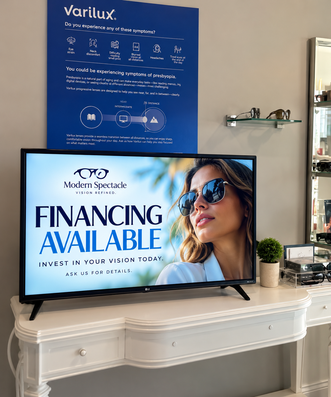 Modern Spectacle financing information shown on a television display inside the Lake Worth Beach boutique