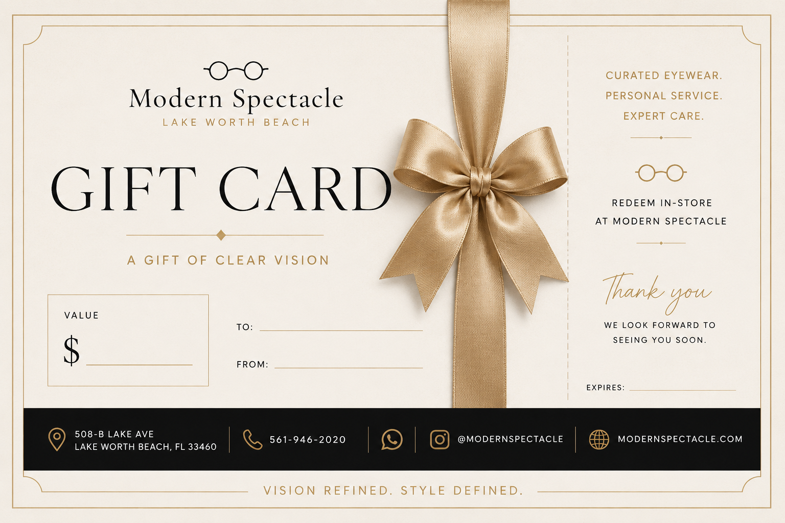Modern Spectacle gift card with champagne ribbon, boutique contact details, and the slogan Vision Refined. Style Defined.