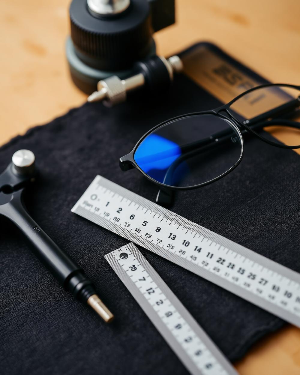 Optical bench with measuring tools and an eyeglass frame prepared for fitting